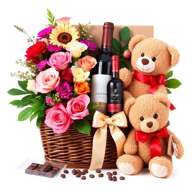 Cesta Luxo Flores Vinho Chocolates e Pelúcia