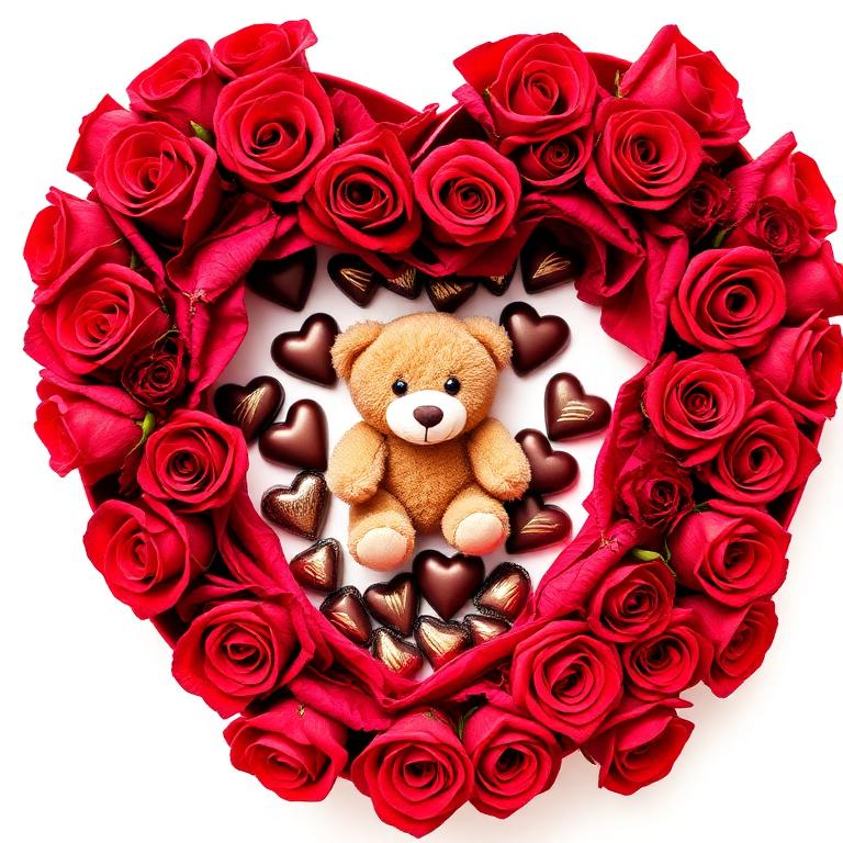 Coração de Rosas e Chocolate com Pelúcia